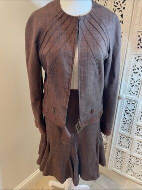 VINTAGE CHRISTIAN DIOR SUIT Brown Plaid jacket and midi skirt